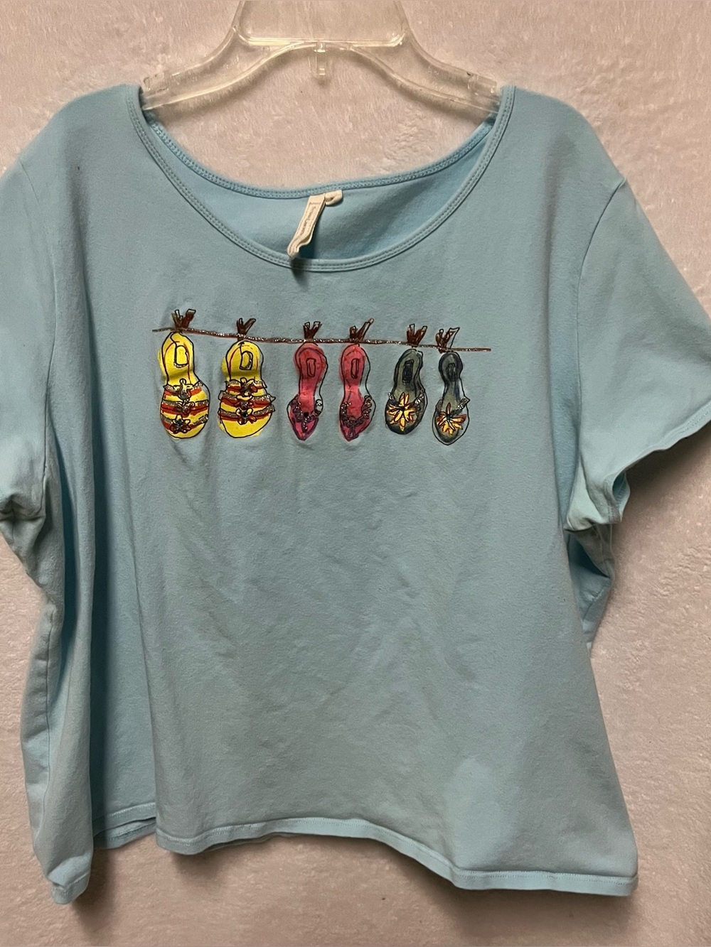 Light Blue Tee with Colorful Shoe Line Art Susan Lawrence Woman 3X